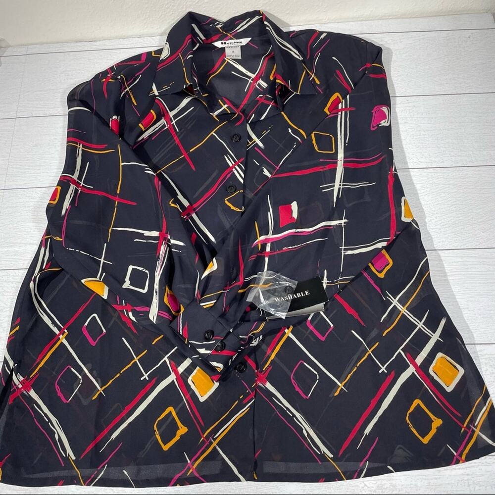 Nygard Collection Petites Abstract Print Sheer Blouse 14 Button Front